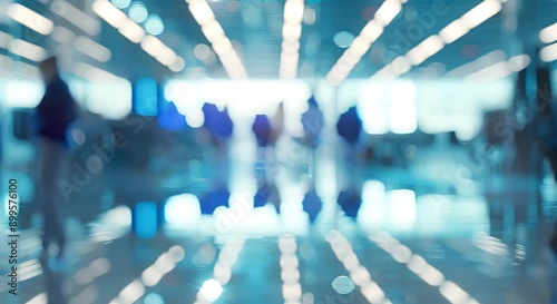 A blurry image of a busy airport lobby with people walking around