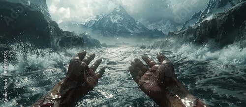 A Lone Hand Reaches Towards a Mountainous Horizon