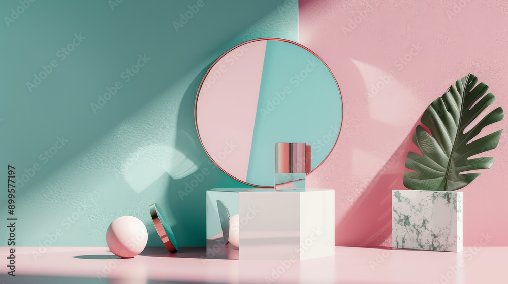 Fototapeta premium A chic still-life setup featuring a round makeup mirror, elegant decor, and a tropical leaf, evoking a serene, modern aesthetic and beauty routine.