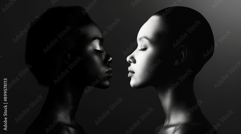 Fototapeta premium Two faces, one dark and one light, facing each other against a minimalistic black background, showcasing contrast and harmony.
