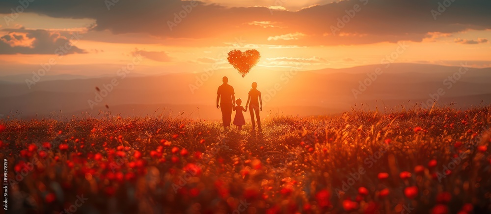 Fototapeta premium Silhouettes of a Family at Sunset with a Heart