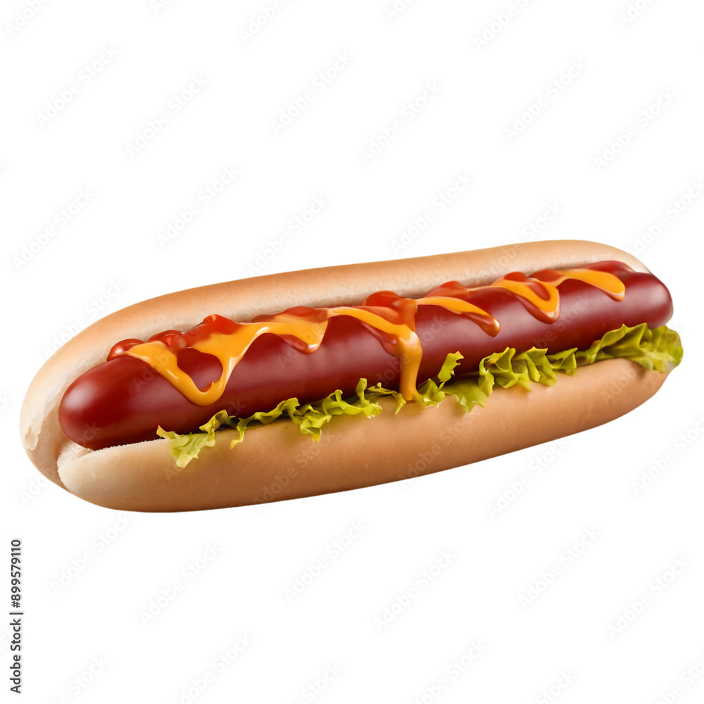 A hot dog with ketchup, mustard, and lettuce isolated on transparent background