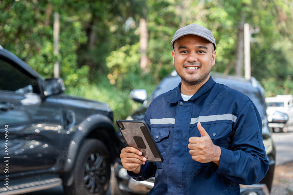 Fototapeta premium Young asian employee claim insurance service car crash site case. Drivers arguing after traffic collision accident Parked on side way Call Emergency assistance or insurance claim service. Car Crash