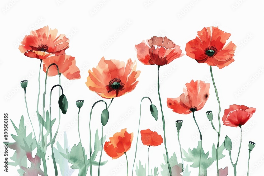 Obraz premium Art in watercolor style - isolated poppy flower illustrations on a white backdrop