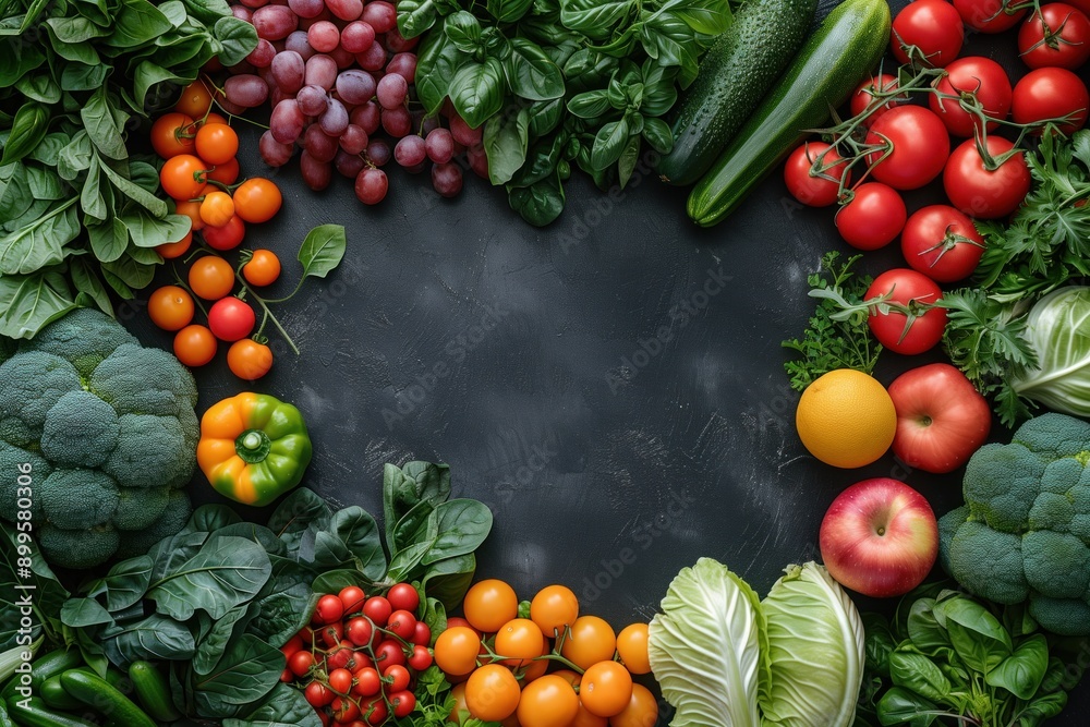 Assorted mix of useful fruits and vegetables around empty space for design and text in center. Mockup, template. Background with copy space, flat lay, top view. Organic food and eco friendly concept Assorted mix of useful fruits and vegetables around empty space for design and text in center. Mockup, template. Background with copy space, flat lay, top view. Organic food and eco friendly concept