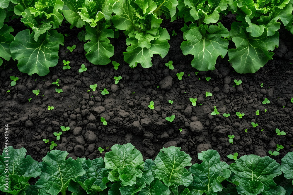 Shoots and sprouts of leafy vegetables growing in soil, top view, copy space. Nurturing and care in gardening, organic farming, agriculture sustainability concept Shoots and sprouts of leafy vegetables growing in soil, top view, copy space. Nurturing and care in gardening, organic farming, agriculture sustainability concept