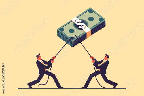 Illustration of two businessmen pulling a large stack of money, symbolizing competition and financial struggle.
