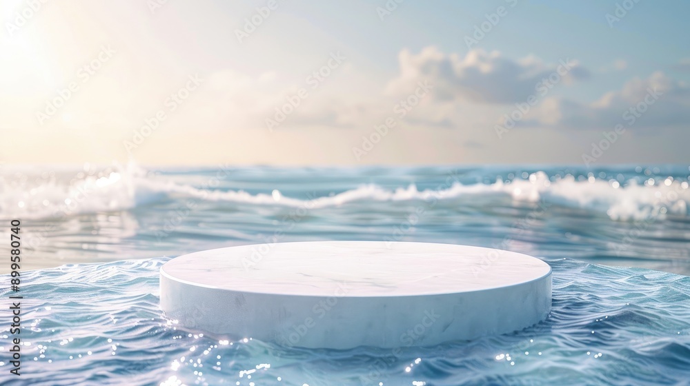 Empty circular pedestal on clear water with waves in sunlight Abstract background for product showcase Cosmetic mockup with space for text