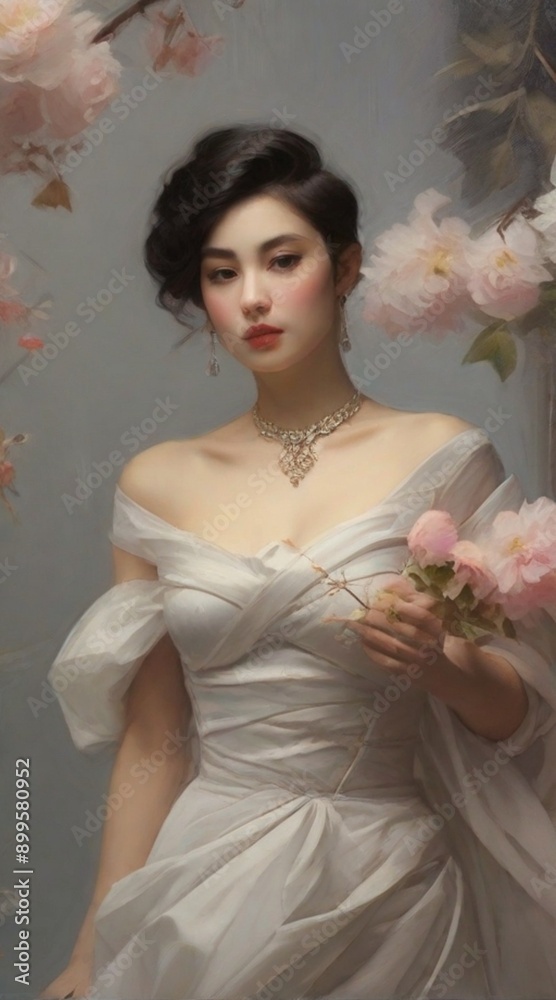 A woman in a white dress with flowers in her hands. A woman in a white dress with flowers in her hands.