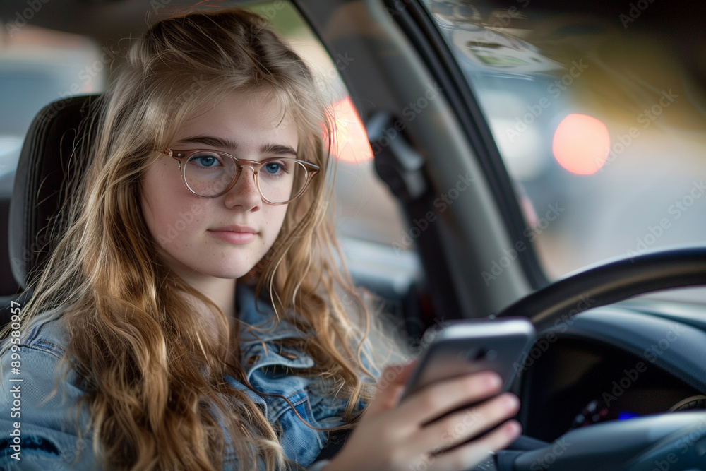 Naklejka premium A teen girl is driving a car while distractedly using her phone, focusing on the device rather than the road ahead
