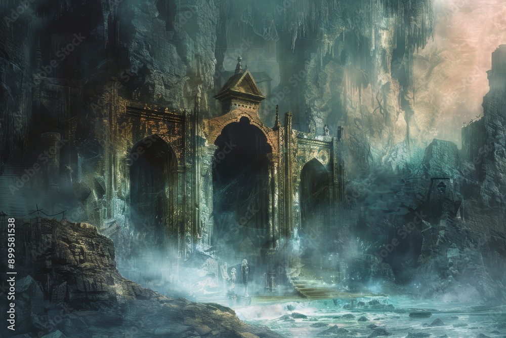 Ancient temple ruins in a mysterious foggy jungle Ancient temple ruins in a mysterious foggy jungle