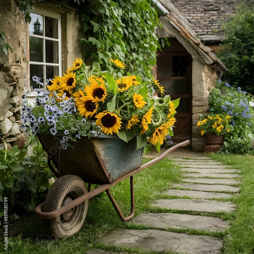 An aged wooden wheelbarrow brimming with lush, blooming sunflowers and delicate petunias, resting beside a rustic stonepathway that leads to a cozy, ivy-covered cottage photo