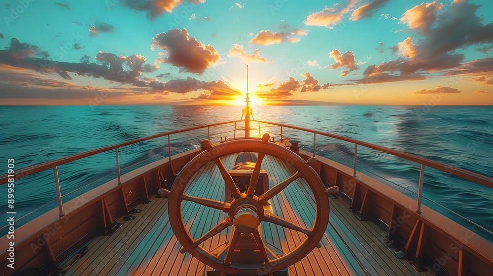 Fototapeta premium Ship's wheel on boat deck, intense sunlight, golden hour, lens flare, turquoise ocean, clear blue sky, wispy clouds, wooden deck, nautical adventure, ultra-wide angle.