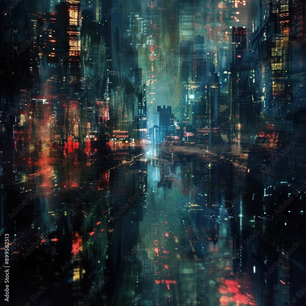 Fototapeta premium A dark and rainy cityscape at night