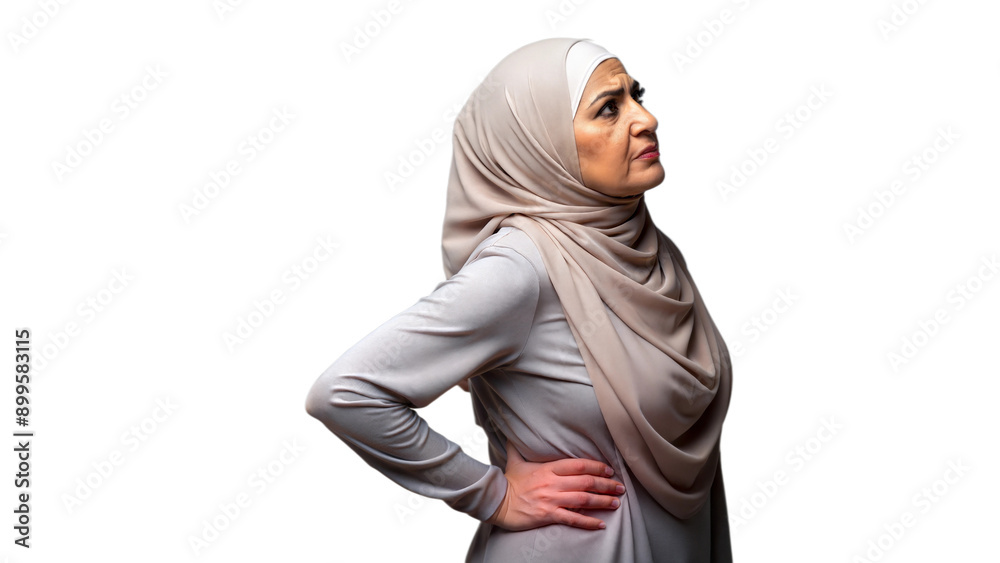 Middle-Aged Woman Gripping Her Lower Back While Standing Against a Transparent Background Middle-Aged Woman Gripping Her Lower Back While Standing Against a Transparent Background