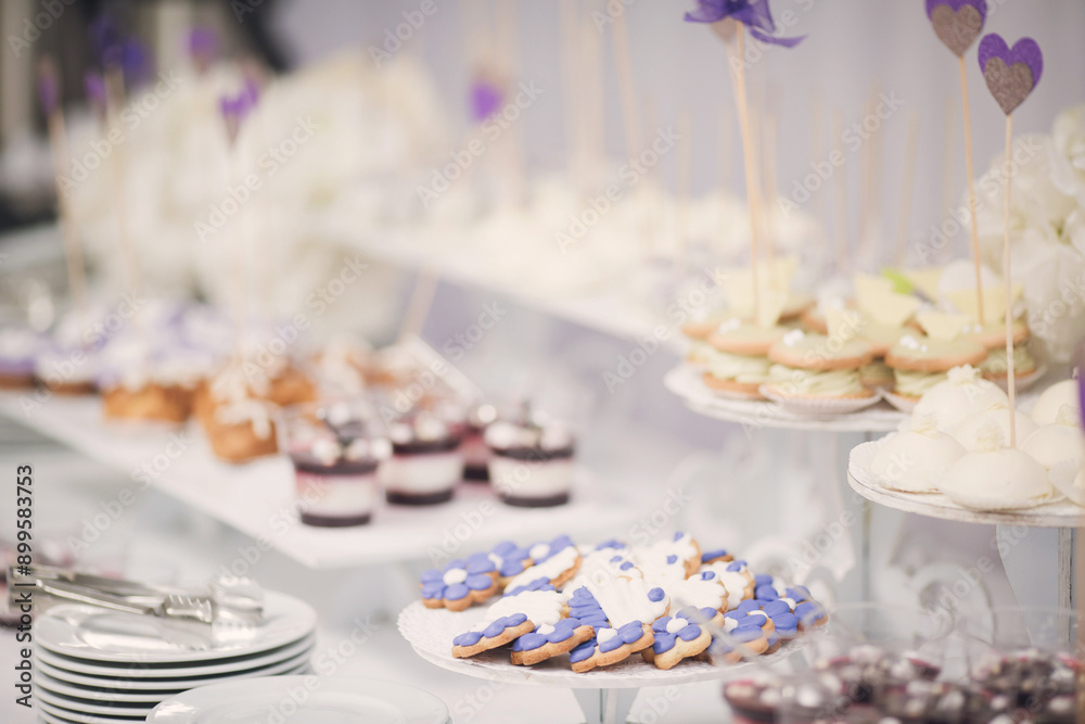Naklejka premium buffet table at the celebration of the wedding. Desserts with fruits, mousse, biscuits. A grouping of desserts from strawberry cheesecake to sweets. Festive culinary sweet masterpieces.