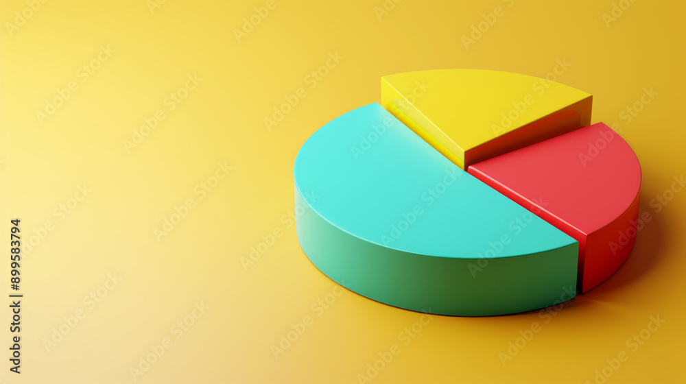 Obraz premium A visually appealing abstract 3D pie chart with vibrant colors, set against a yellow background to highlight segment differentiation and data analysis.