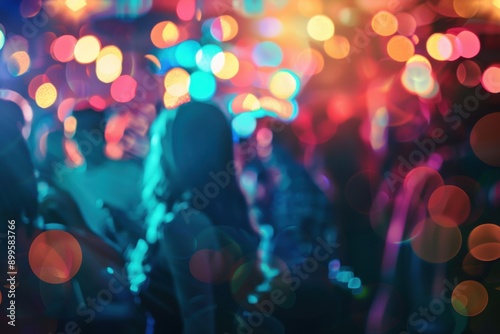 Nightclub patrons enjoying social interactions and celebration against a backdrop of dazzling, blurred lights