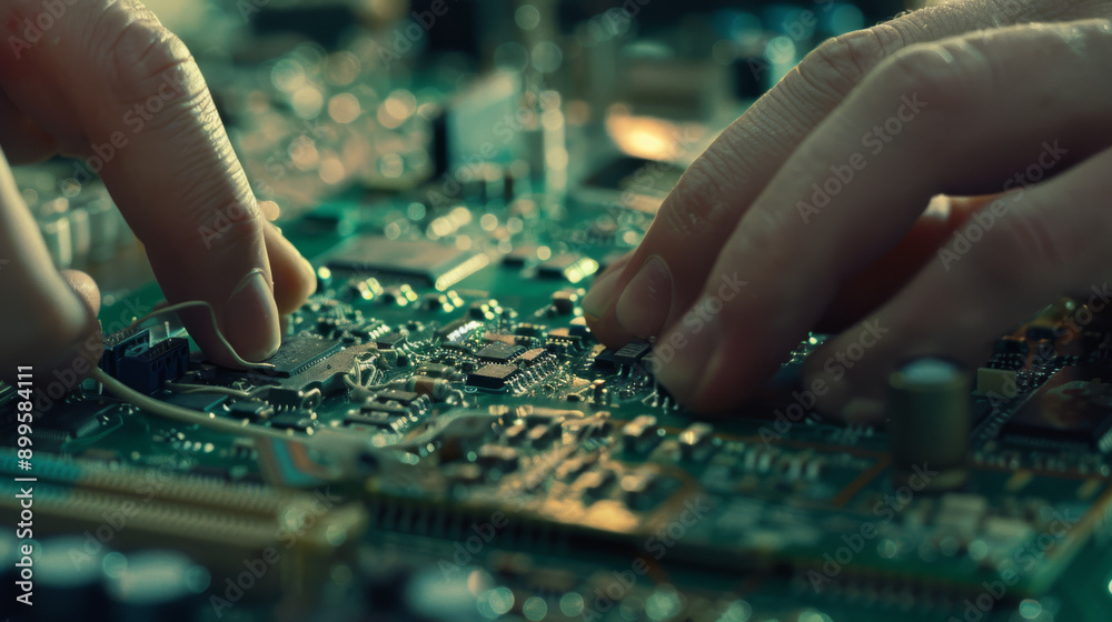 Hands delicately work on an intricate circuit board, symbolizing precision and technical expertise in electronics. Hands delicately work on an intricate circuit board, symbolizing precision and technical expertise in electronics.