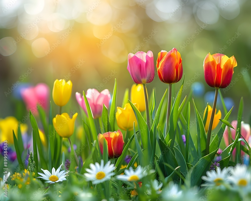Vibrant spring meadow with freshly bloomed colorful flowers representing renewal and new beginnings Vibrant spring meadow with freshly bloomed colorful flowers representing renewal and new beginnings