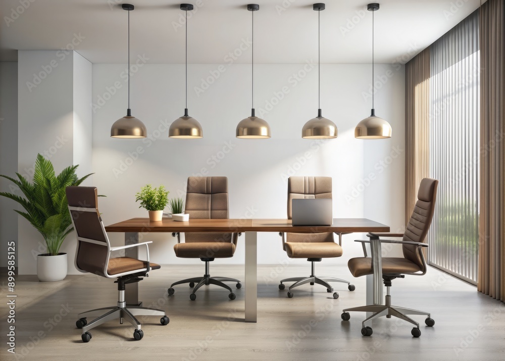 Sleek and modern office interior features a minimalist desk, elegant chairs, and a sophisticated pendant light, set against a crisp white background, exuding contemporary simplicity. Sleek and modern office interior features a minimalist desk, elegant chairs, and a sophisticated pendant light, set against a crisp white background, exuding contemporary simplicity.