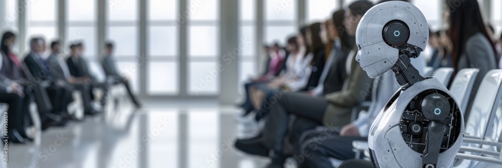 Robotic candidate in a business suit waiting in line with humans for job interviews. AI and robotics merging with professional environments. Robotic candidate in a business suit waiting in line with humans for job interviews. AI and robotics merging with professional environments.