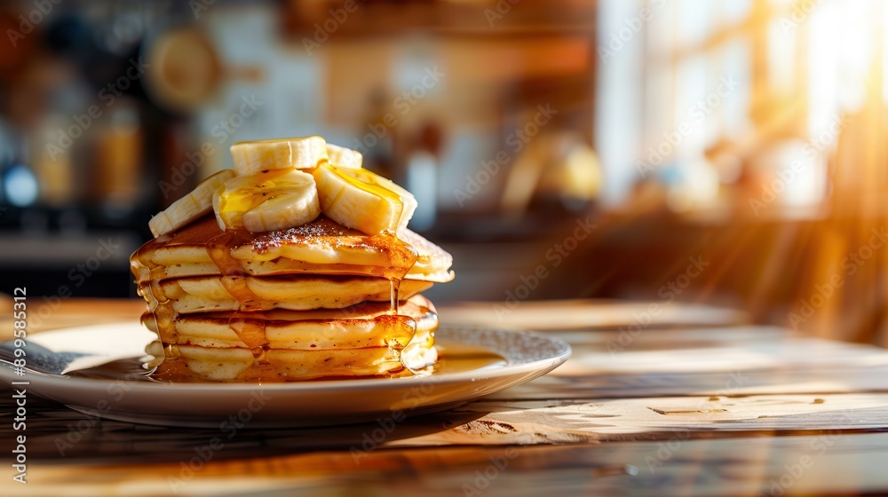 Stack of fluffy pancakes topped with banana slices and topped with golden honey syrup, set on a rustic wooden table against a sunny kitchen background Stack of fluffy pancakes topped with banana slices and topped with golden honey syrup, set on a rustic wooden table against a sunny kitchen background