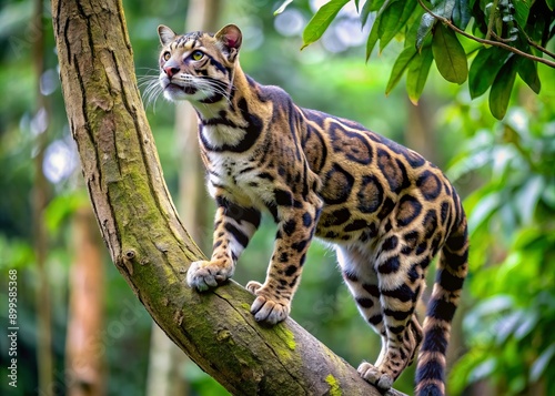 Majestic clouded leopard with distinctive coat patterns ascends a towering tree, its agile body and extended claws deftly navigating the rugged bark and leafy canopy.