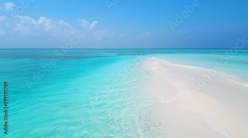 Clean beach with clear blue water and white sand, simple and natural scenery, sustainable travel