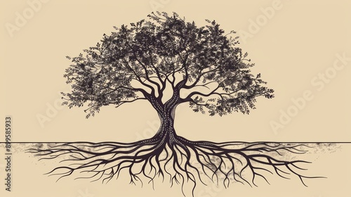 Hand-drawn illustration of a tree with roots, symbolic and artistic, environmental conservation photo