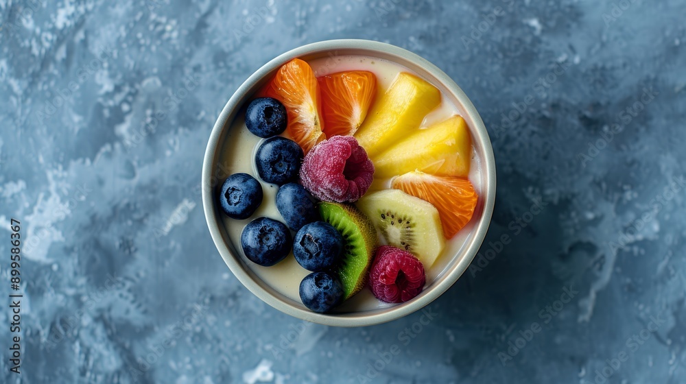 Smoothie bowl with neatly arranged fruits on a plain background, highlighting healthy eating with detailed textures, minimalist clean eating Smoothie bowl with neatly arranged fruits on a plain background, highlighting healthy eating with detailed textures, minimalist clean eating