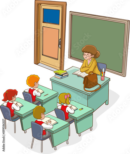Vector Illustration of Children Education.students doing group work.students studying with teacher in classroom cartoon vector