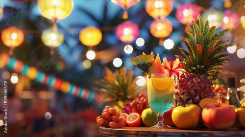 Fototapeta Naklejka Na Ścianę i Meble -  A 3D render of a podium stand, decorated with tropical fruits and cocktail glasses, set in a summer festival. Colorful banners and lanterns in the background, people enjoying the festival, bright