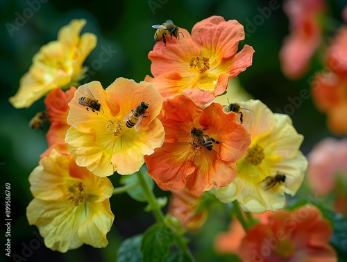 Vibrant Orange and Yellow Hortlopeaum Flowers with Honeybees in an Autumn Garden photo