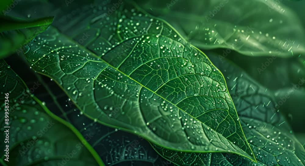 A leaf is wet and has dew on it