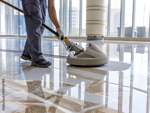 Meticulous Office Building Maintenance Worker Polishing Marble Lobby Floor with High Powered Buffer Machine
