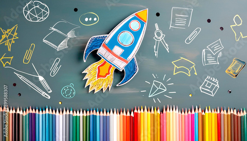 Schultafel, Bücher, Stift, Rakete 