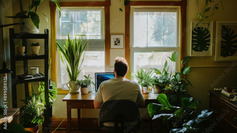 Fototapeta premium Man working on a laptop at a desk beside large windows with green plants, basking in the morning light.