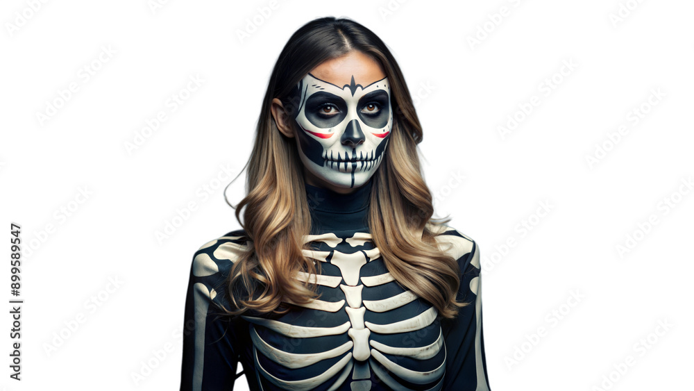 Woman in Skeleton Costume With Elaborate Face Paint Posing Against Transparent Background for Halloween Festivities Woman in Skeleton Costume With Elaborate Face Paint Posing Against Transparent Background for Halloween Festivities
