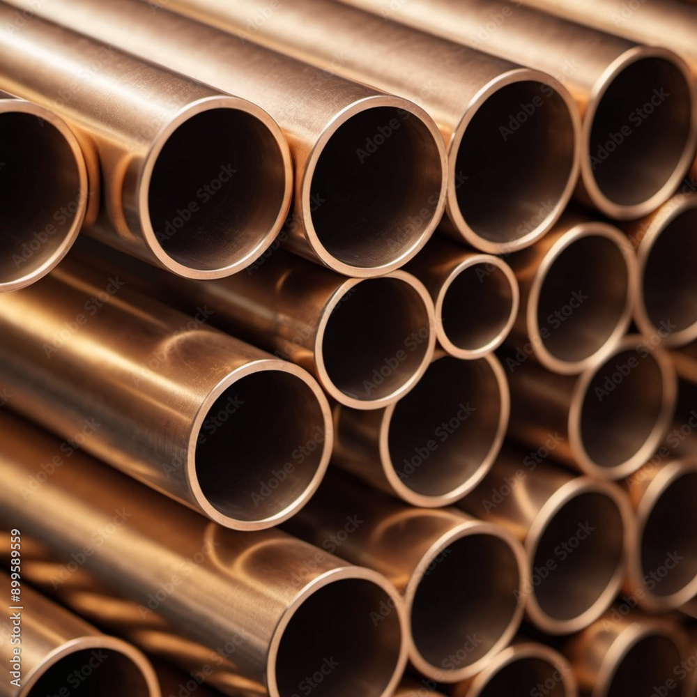 Copper bronze heat exchanger pipes. Heavy non-ferrous metallurgy. Factory industrial production of metal cuprum pipes. Heat exchanger is a technical device in which heat is exchanged between two media Copper bronze heat exchanger pipes. Heavy non-ferrous metallurgy. Factory industrial production of metal cuprum pipes. Heat exchanger is a technical device in which heat is exchanged between two media