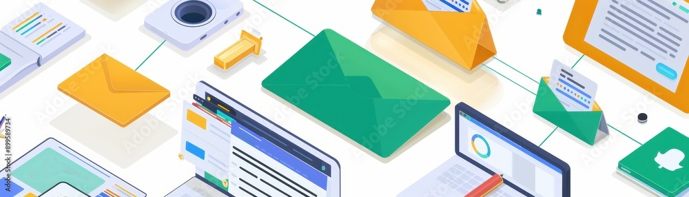 Bright digital marketing concept with emails, documents, and technology icons representing communication and business strategy. Bright digital marketing concept with emails, documents, and technology icons representing communication and business strategy.