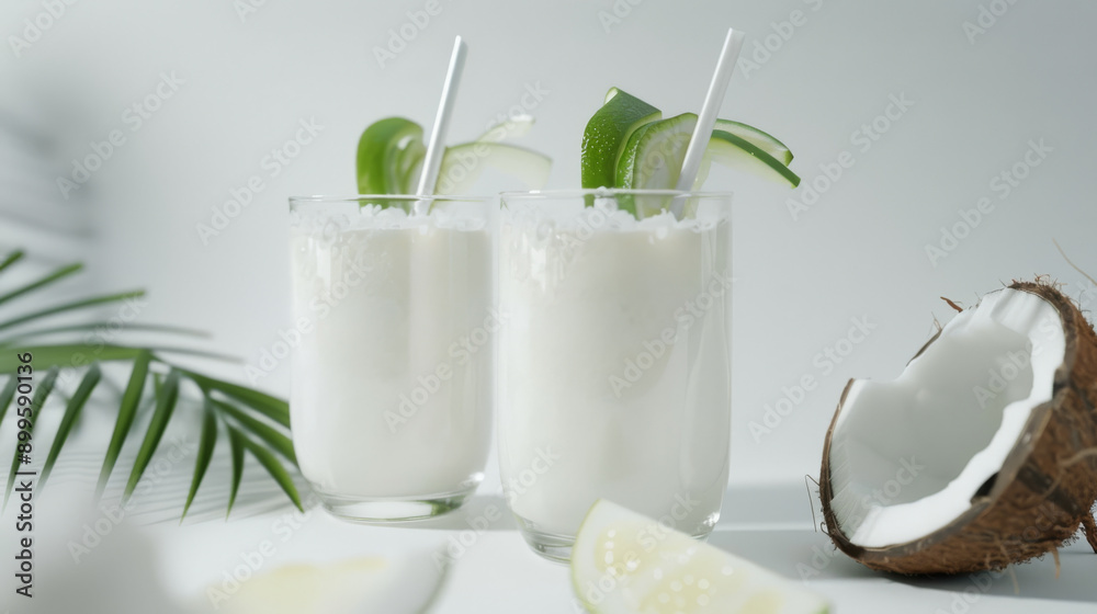 Two refreshing coconut drinks garnished with lime slices sit on a white table, evoking a tropical paradise. Two refreshing coconut drinks garnished with lime slices sit on a white table, evoking a tropical paradise.