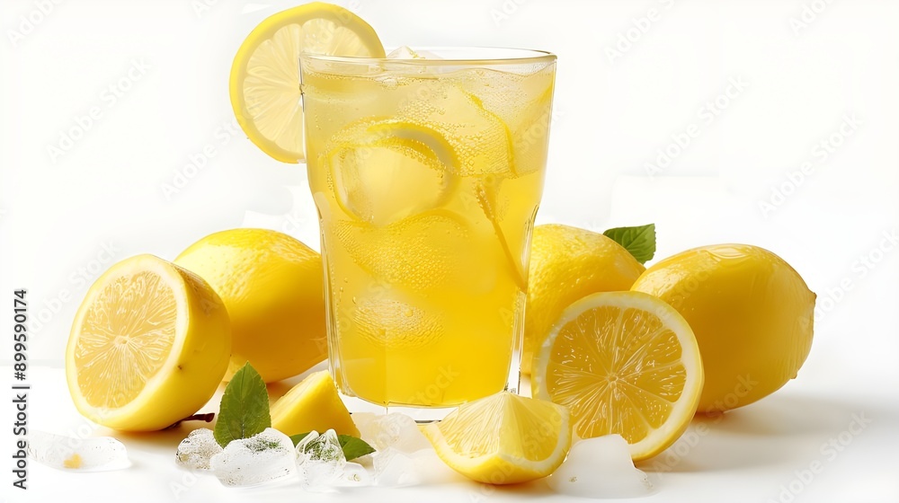 A glass of lemonade with lemon slices and ice, presented on a sunny backdrop. A glass of lemonade with lemon slices and ice, presented on a sunny backdrop.