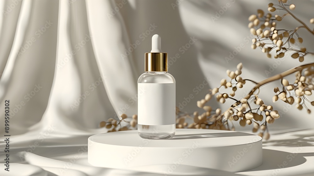 A glass bottle with a serum, accompanied by a dropper, positioned near dried flowers with soft natural lighting. A glass bottle with a serum, accompanied by a dropper, positioned near dried flowers with soft natural lighting.