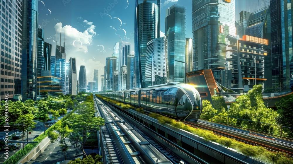 Fototapeta premium Futuristic cityscape with advanced transportation and modern skyscrapers, showcasing innovation and green spaces.