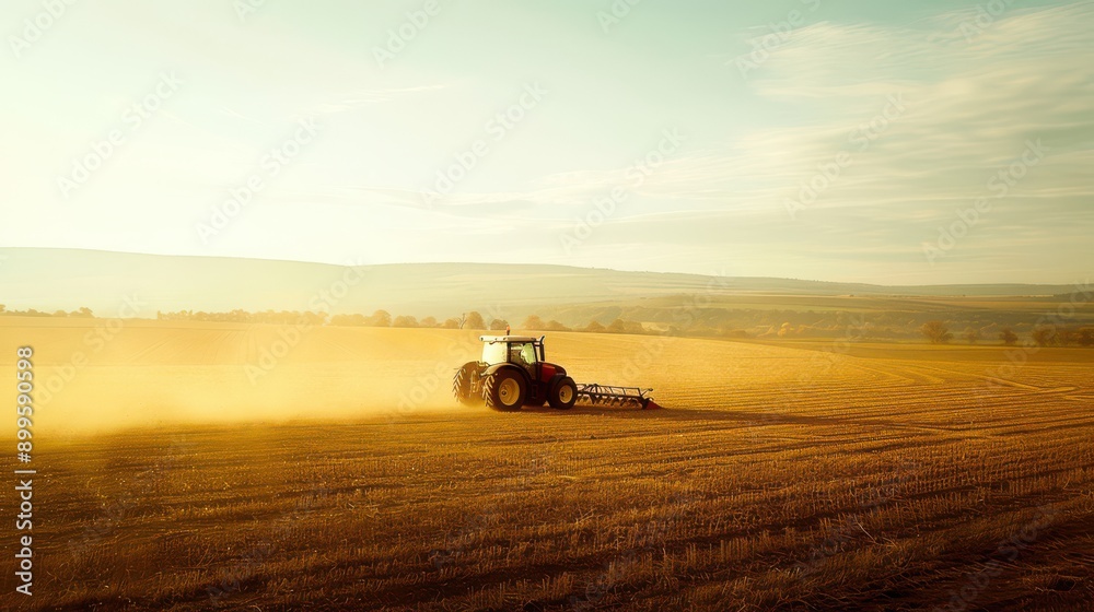 Fototapeta premium tractor plowing field in harvest season outdoors, industrial mood landscape view
