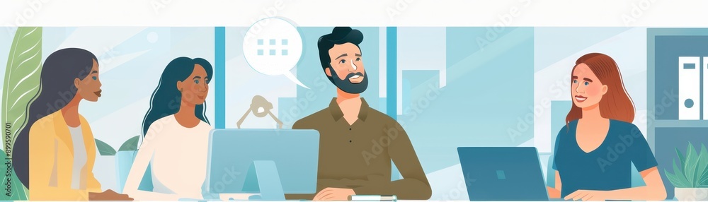Illustration of a diverse team having a business meeting in a modern office setting, discussing and collaborating on work projects. Illustration of a diverse team having a business meeting in a modern office setting, discussing and collaborating on work projects.