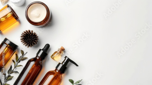 Bottles and tools for beauty on white background with copy space