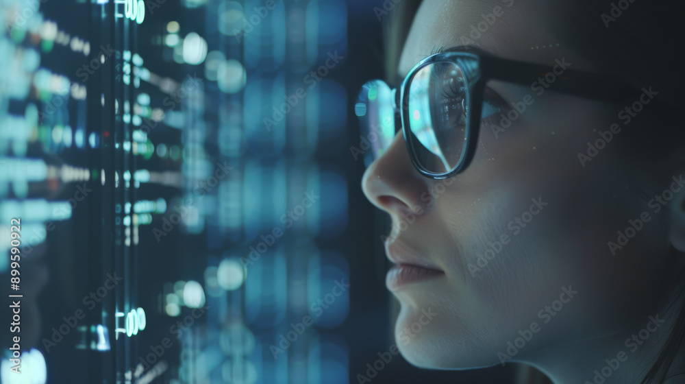 A woman deeply focused, analyzing data on a large screen, with her glasses reflecting the digital interface. A woman deeply focused, analyzing data on a large screen, with her glasses reflecting the digital interface.
