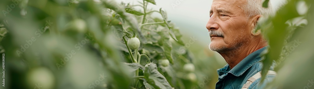 Fototapeta premium An elderly farmer examines his crops, showcasing dedication and connection to the land amidst vibrant greenery.